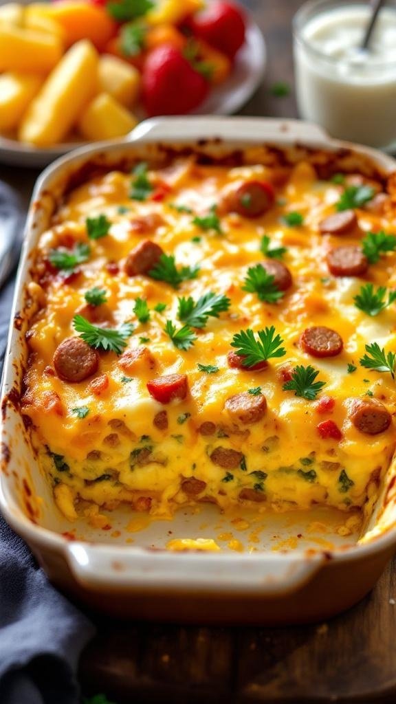 A delicious breakfast casserole topped with cheese and herbs, served with fresh fruit.