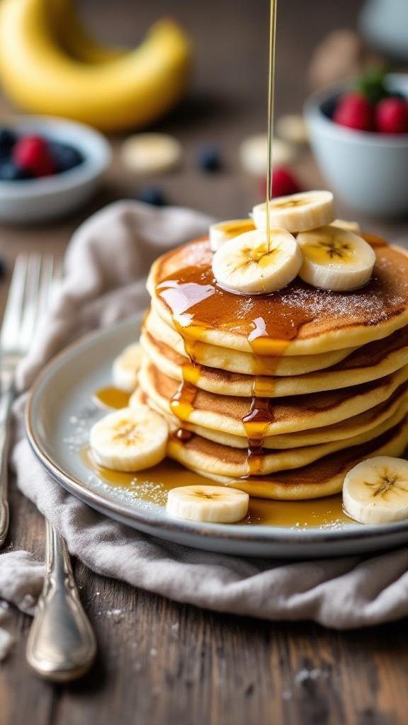 A stack of banana pancakes topped with banana slices and syrup