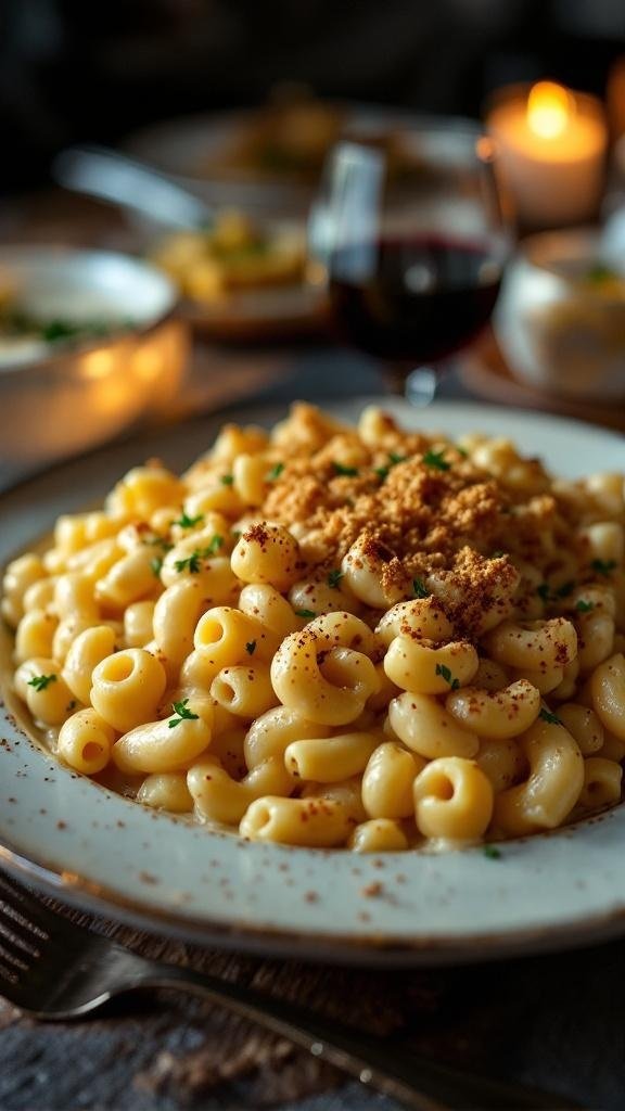 A plate of truffle mac and cheese with breadcrumbs and herbs