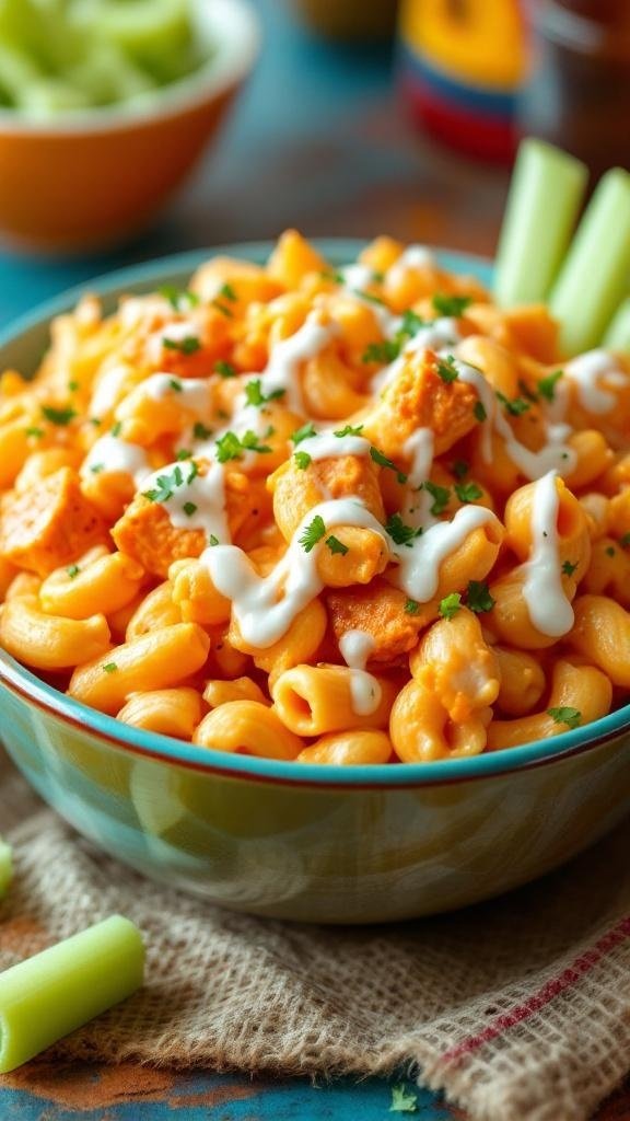 A bowl of Buffalo Chicken Mac and Cheese topped with ranch dressing and parsley, with celery sticks on the side.