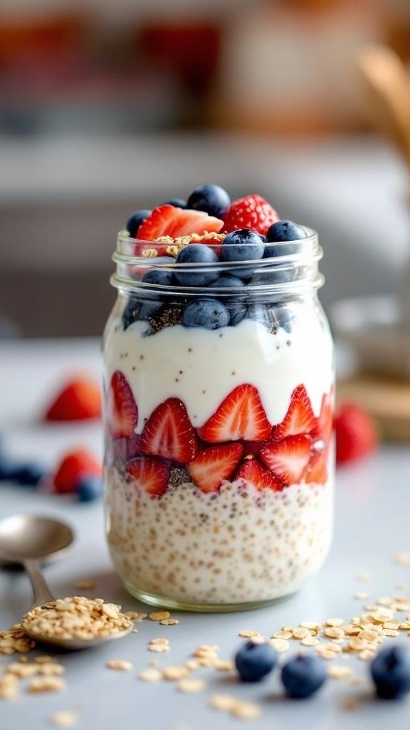 A jar of overnight oats layered with yogurt, strawberries, and blueberries.