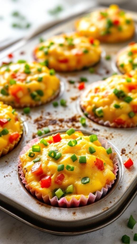 A tray of colorful egg muffins topped with green onions and bell peppers.