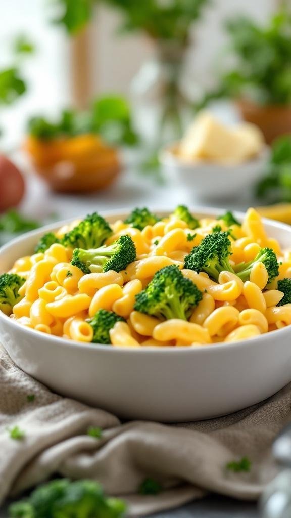 A bowl of macaroni and cheese with broccoli, garnished with fresh herbs.