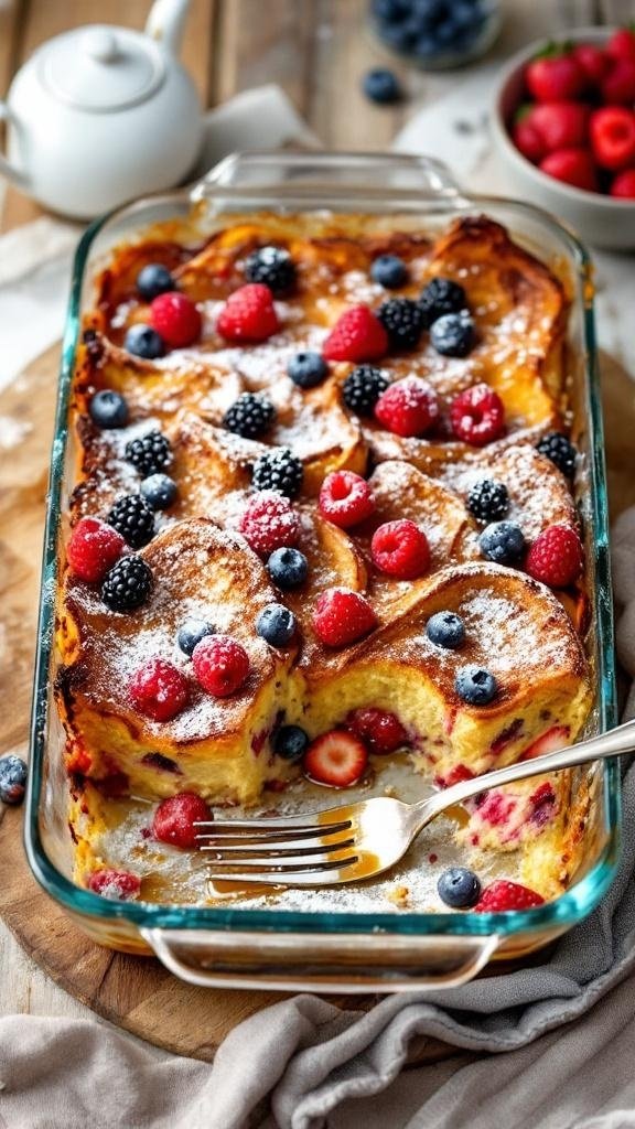 A delicious French Toast Casserole topped with fresh berries and powdered sugar.
