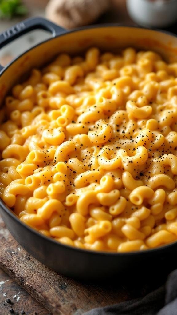 A pot of creamy one-pot mac and cheese with black pepper on top.
