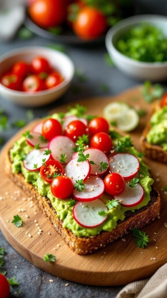 A slice of avocado toast topped with cherry tomatoes and radishes on a wooden board.