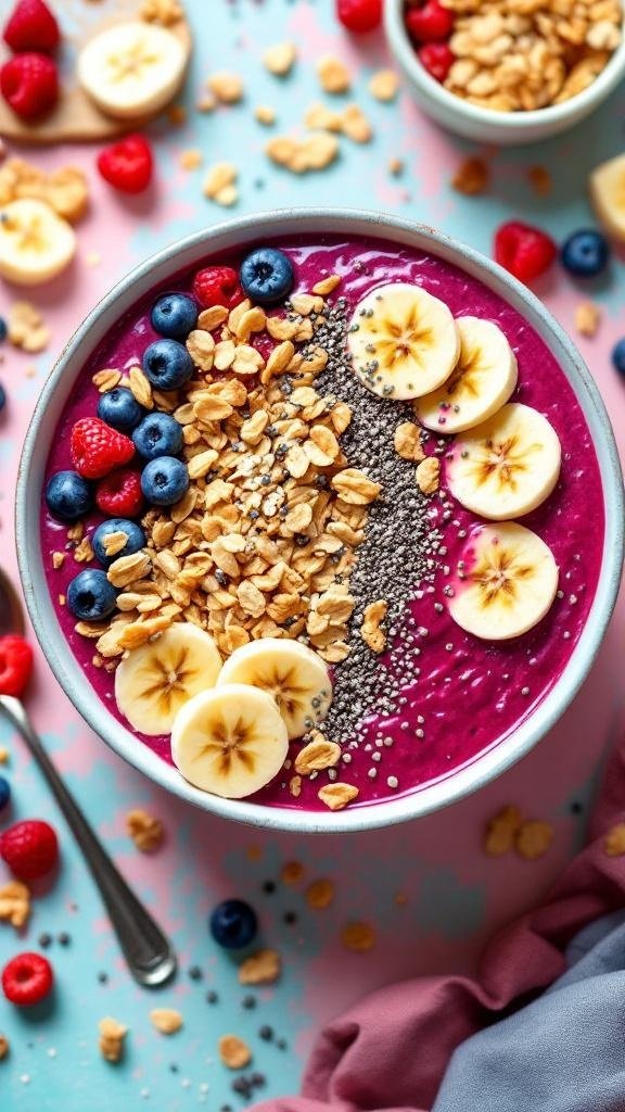 A colorful smoothie bowl topped with banana slices, blueberries, granola, and chia seeds.