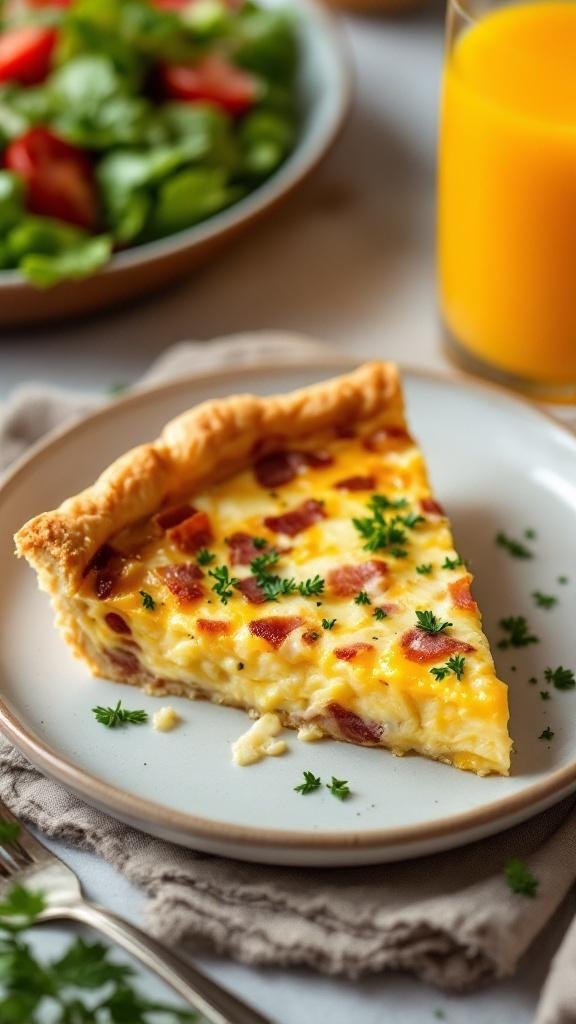 A slice of Quiche Lorraine on a plate with a side salad and orange juice
