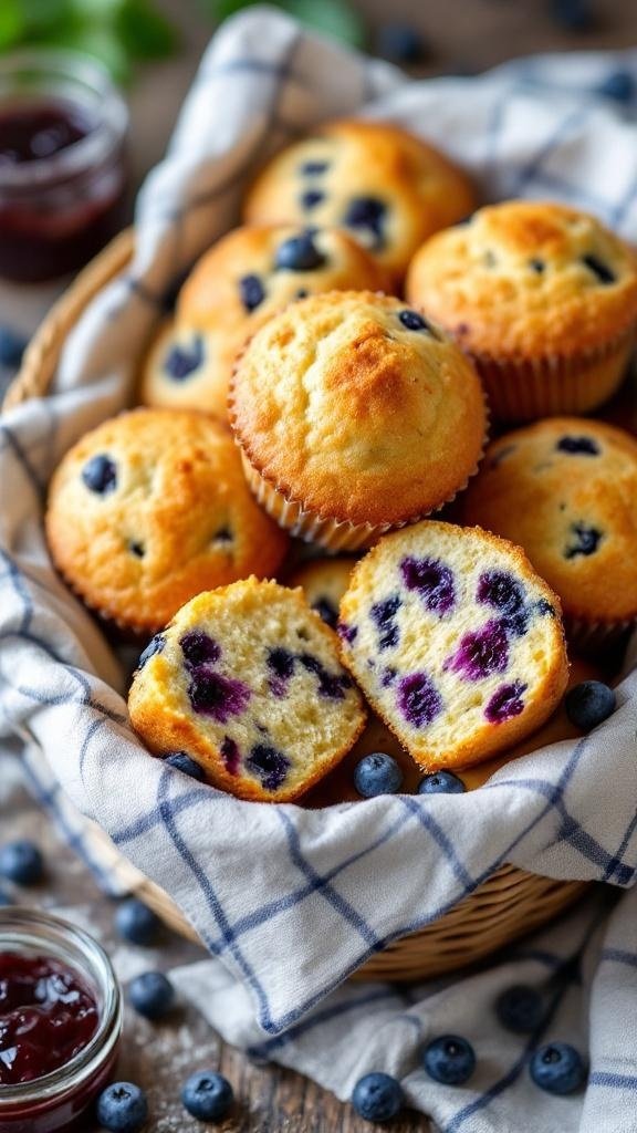 A basket of blueberry muffins with some muffins cut in half, showing juicy blueberries inside.