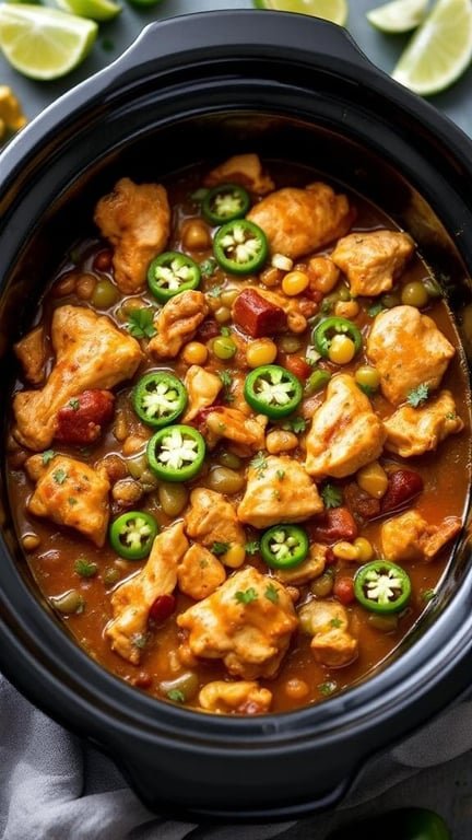 A slow cooker filled with spicy green chili chicken stew, featuring chunks of chicken, jalapeños, corn, and beans.