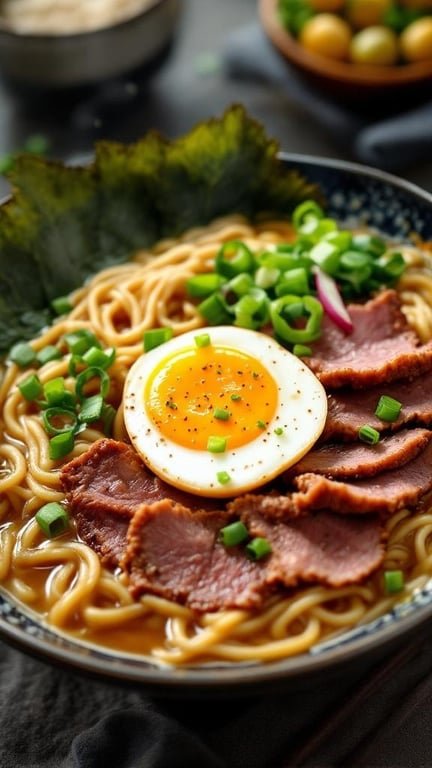 A delicious bowl of corned beef ramen topped with a soft-boiled egg and green onions.