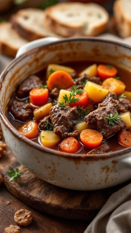 A bowl of classic beef stew with carrots and potatoes, served with bread.
