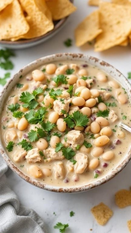A bowl of creamy white chicken chili with beans, topped with cilantro and served with tortilla chips.