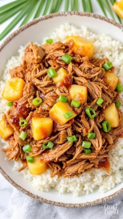 A bowl of Hawaiian pulled pork with pineapple and green onions on a bed of rice.