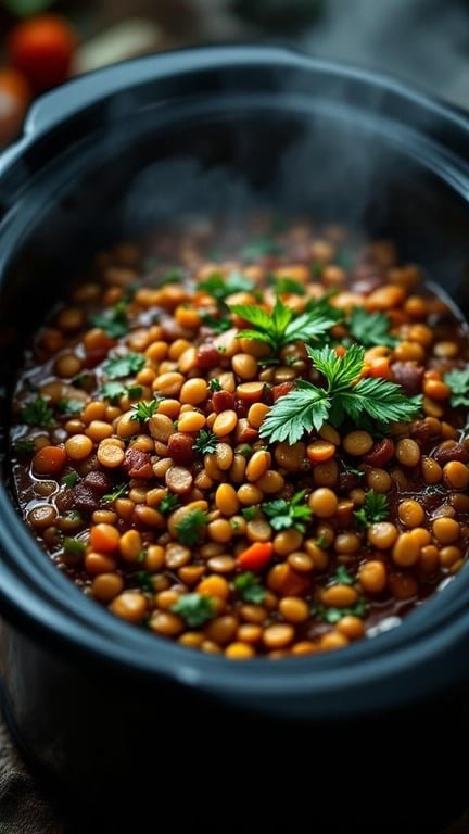 A slow cooker filled with lentil and vegetable stew, garnished with fresh parsley.