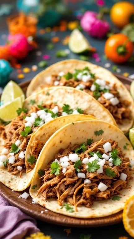 A plate of pulled pork tacos topped with cilantro and onions, with colorful decorations in the background.