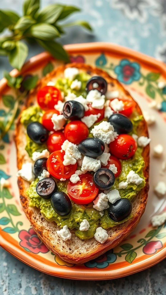 Mediterranean avocado toast topped with feta, olives, and cherry tomatoes on a colorful plate.