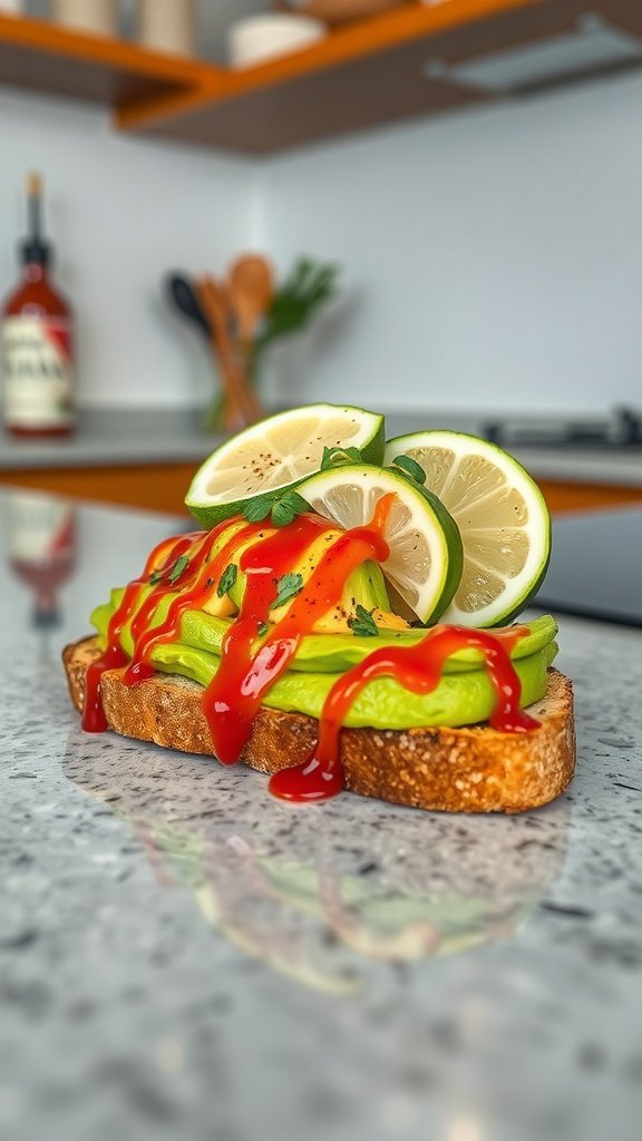 Spicy avocado toast topped with lime and Sriracha on a kitchen counter