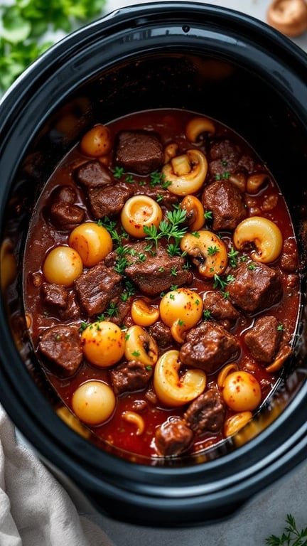 A slow cooker filled with beef bourguignon, featuring tender beef, mushrooms, and pearl onions in a rich sauce.