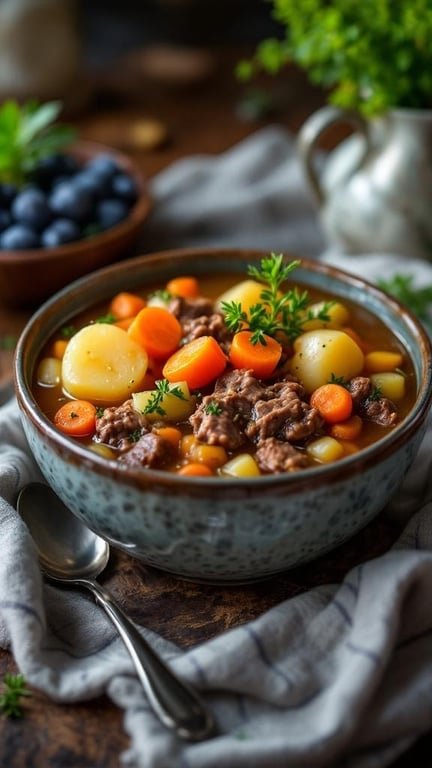 A bowl of corned beef and potato stew with carrots and herbs
