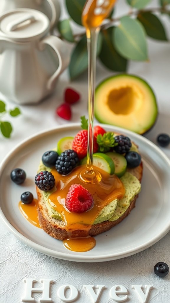 A plate of sweet avocado toast topped with honey and fresh berries.