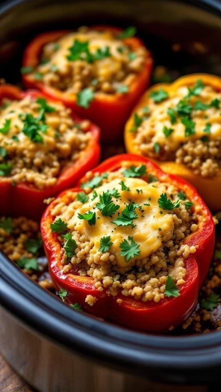 Colorful stuffed peppers filled with turkey and quinoa, topped with cheese, in a slow cooker.
