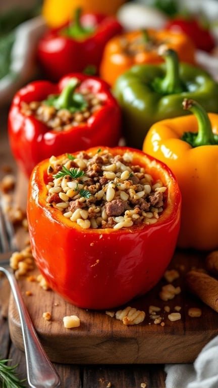 Colorful bell peppers stuffed with corned beef and rice, displayed on a wooden board.