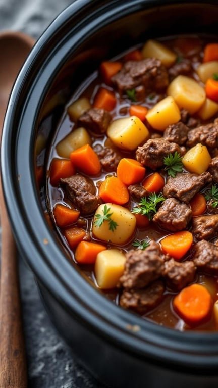 A close-up of slow cooker beef stew with carrots and potatoes.