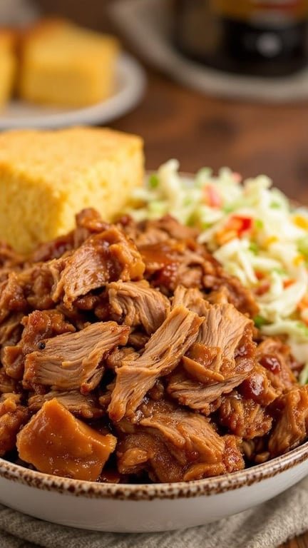 A bowl of pulled pork with cornbread and coleslaw