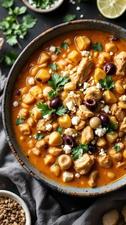A bowl of Mediterranean white chicken chili with corn, olives, and feta cheese, garnished with parsley.