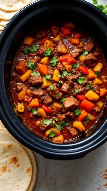 A bowl of Mexican beef stew with colorful vegetables and herbs, served with tortillas.