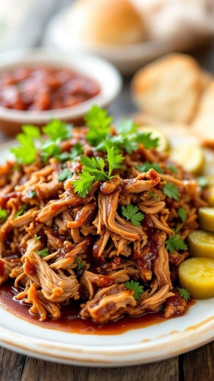 A plate of Carolina pulled pork topped with parsley, served with pickles and bread.
