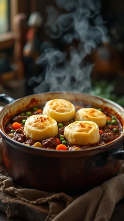 A pot of beef stew with dumplings, filled with colorful vegetables and steam rising from it.