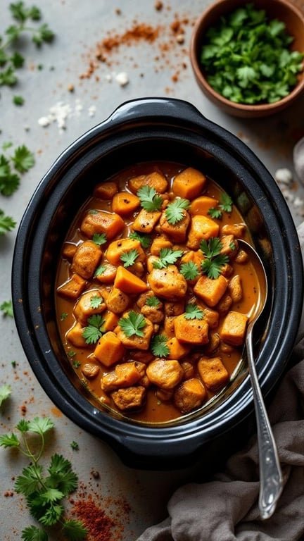 A bowl of chicken and sweet potato curry with fresh cilantro on top.