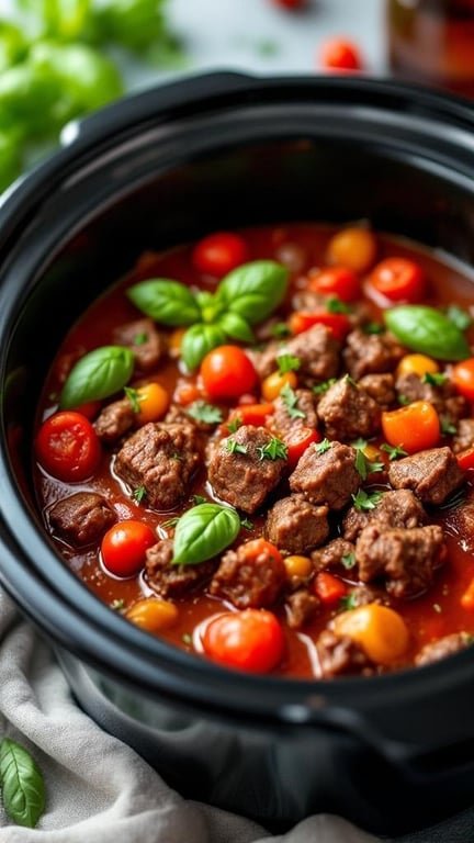 A close-up of a slow cooker filled with Italian beef stew, featuring chunks of beef, cherry tomatoes, and fresh basil.