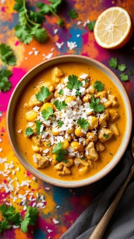 A bowl of Coconut Curry White Chicken Chili garnished with cilantro and coconut flakes, set against a colorful background.
