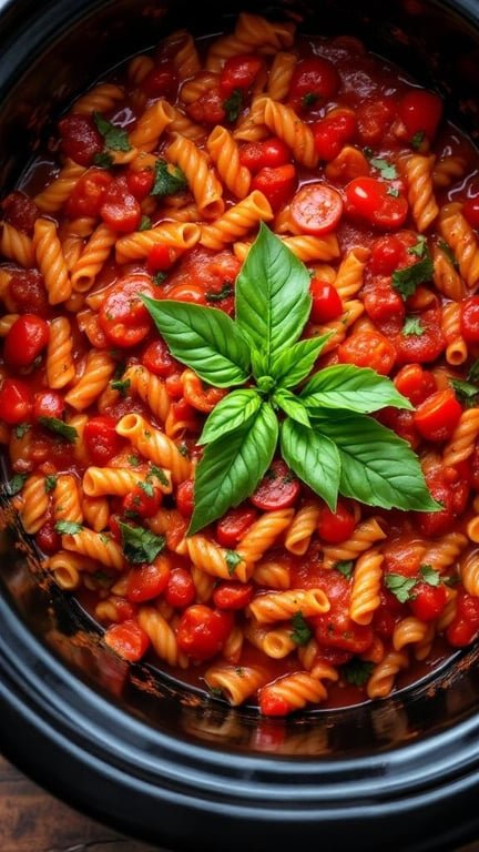 A slow cooker filled with zucchini and tomato pasta sauce, garnished with fresh basil.