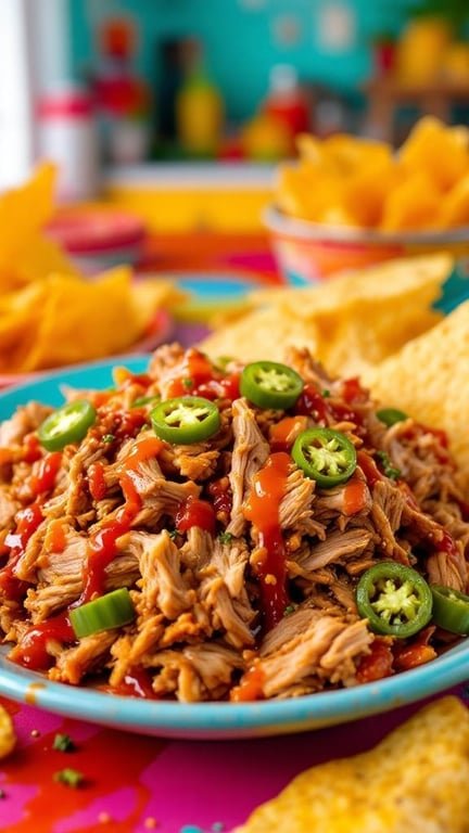 A colorful plate of sweet and spicy pulled pork topped with jalapeños, surrounded by tortilla chips.