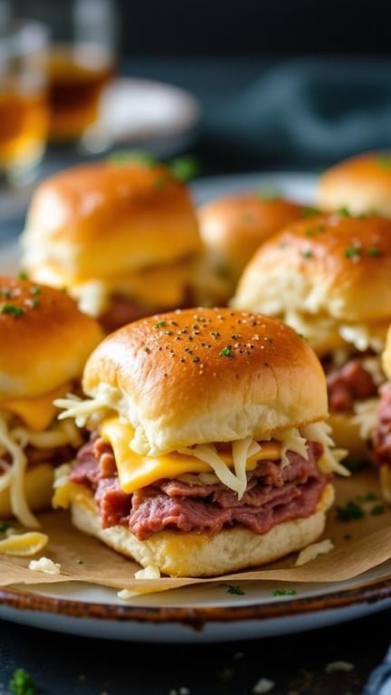 A plate of corned beef sliders with Swiss cheese, garnished with parsley.