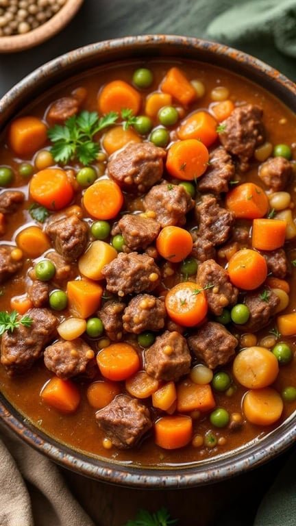 A hearty bowl of slow cooker beef and vegetable stew with chunks of beef, carrots, and peas.