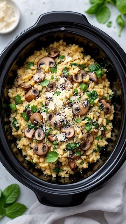 A slow cooker filled with Mushroom and Spinach Risotto topped with grated cheese and fresh herbs.