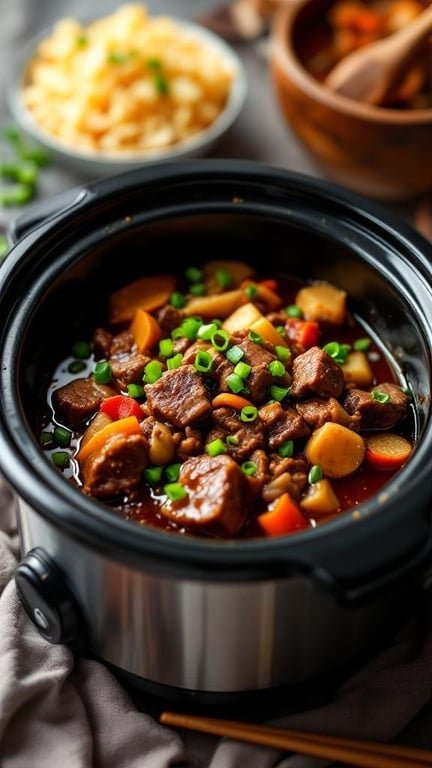 A bowl of Slow Cooker Asian Beef Stew with green onions on top and a side of rice.