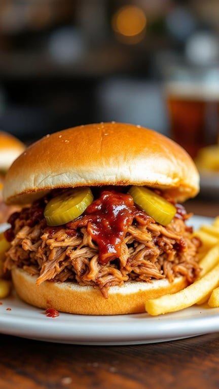 BBQ pulled pork sandwich with pickles and fries