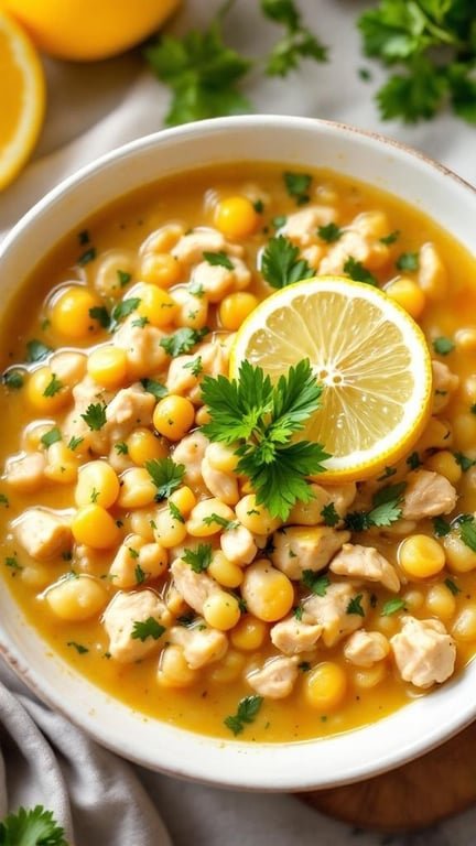 A bowl of Lemon Herb White Chicken Chili with corn, chicken, and lemon slices on top.