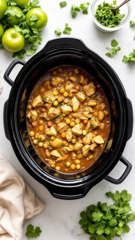 A slow cooker filled with salsa verde chicken chili, surrounded by fresh cilantro and tomatillos.
