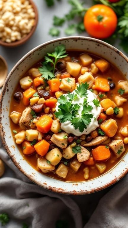 A bowl of vegetarian-friendly white chicken chili with colorful vegetables and garnished with cilantro.