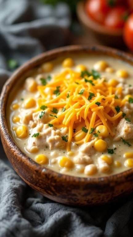 A bowl of cheesy white chicken chili with corn, topped with cheddar cheese and parsley.