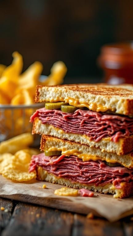 A close-up of a sweet and tangy corned beef sandwich, stacked with layers of corned beef, cheese, and pickles, served with chips.