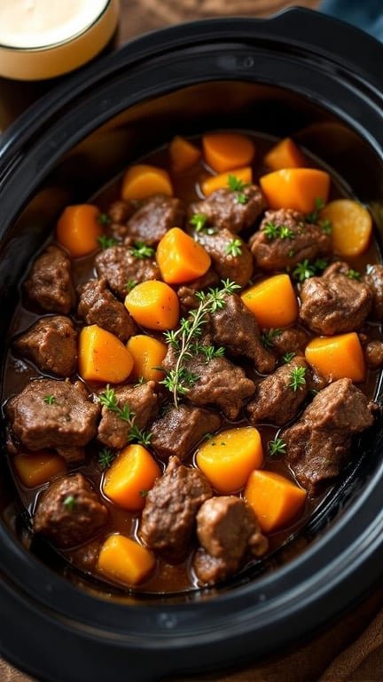 A bowl of Slow Cooker Guinness Beef Stew with chunks of beef, carrots, and herbs.