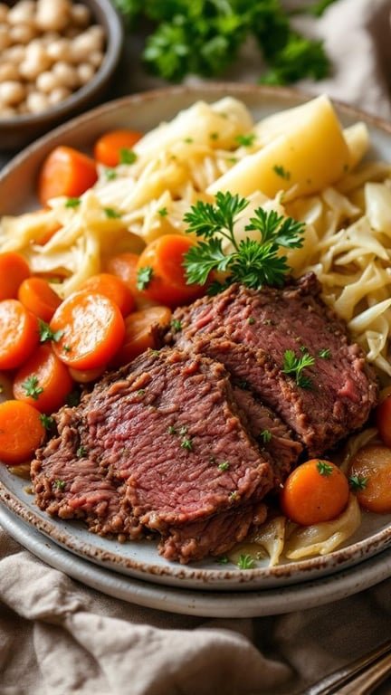 A plate of classic corned beef and cabbage with carrots and potatoes.